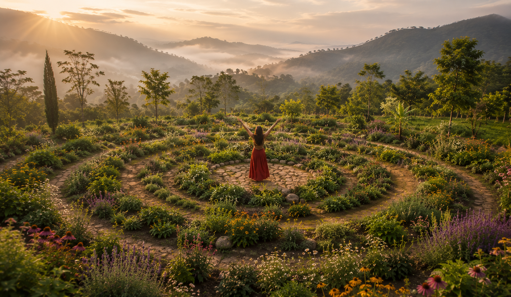 Mulher em vestido vermelho no centro de um jardim medicinal em espiral ao amanhecer, com montanhas e névoa ao fundo