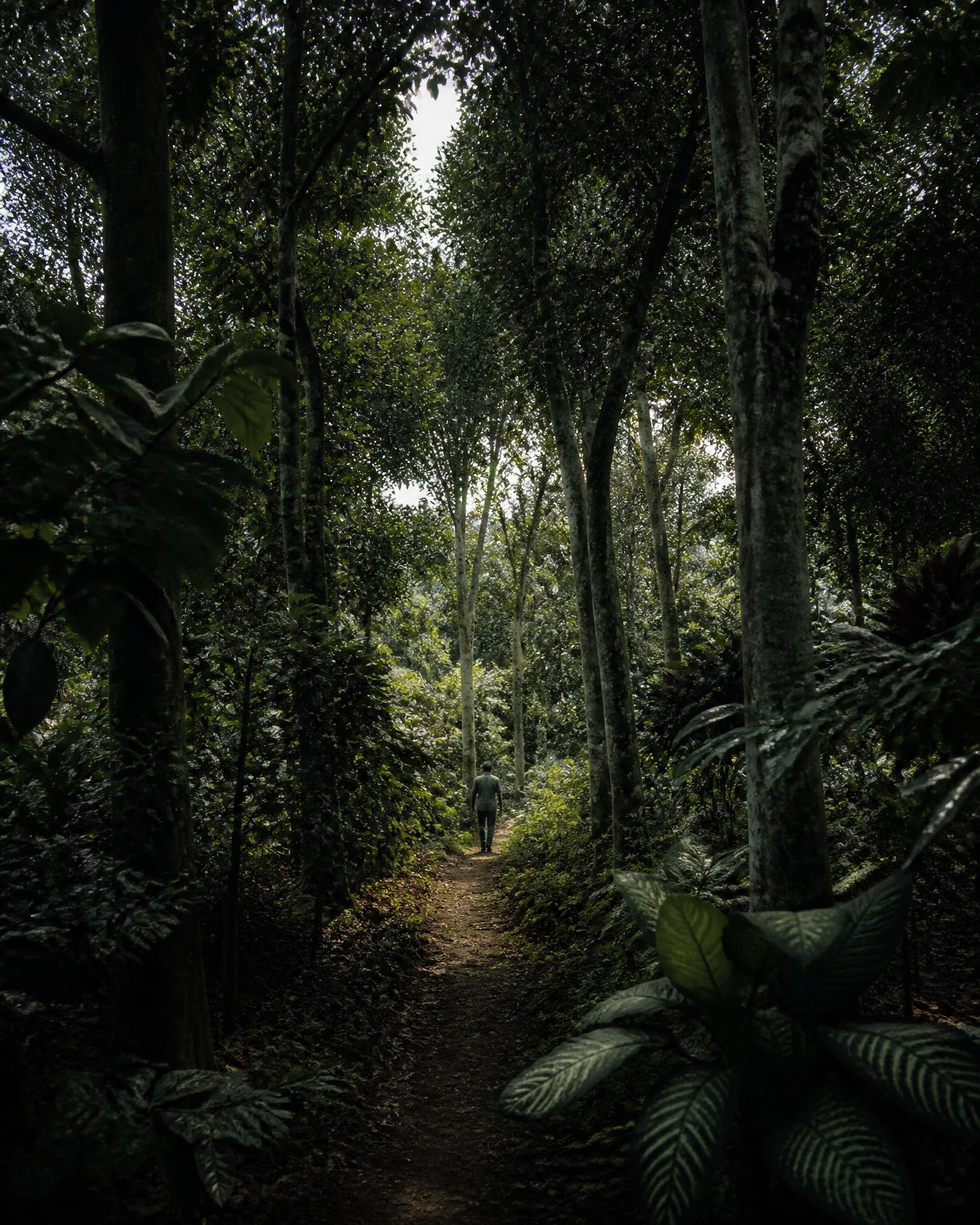 Caminho estreito dentro de uma agrofloresta densa com estratos altos e baixos